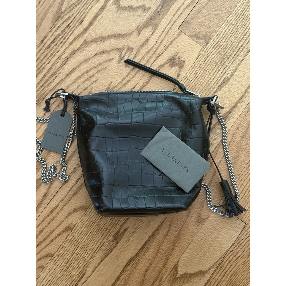 AllSaints Evaline Tassie Crossbody Bag Black Croc Edgy Minimal Leather NWT $229